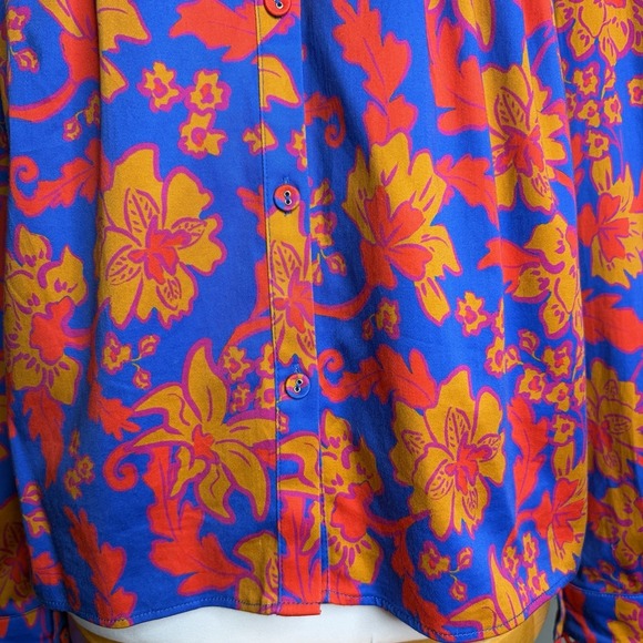 Alden Adair Oliver Top L Blue Red Floral Pleated Puff Sleeve Boho Blouse - Picture 9 of 12